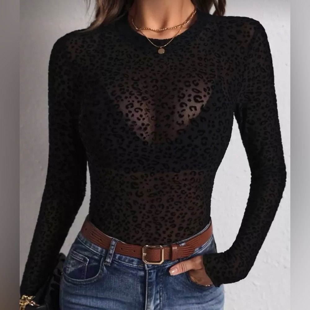 Black Sheer Leopard-Print Long Sleeve Bodysuit - Women's
